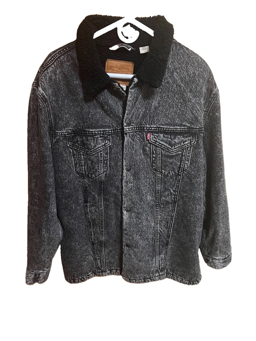 Levi’s Premium Big E Long Sherpa Trucker Jacket Men L Black Denim Heavy 57694